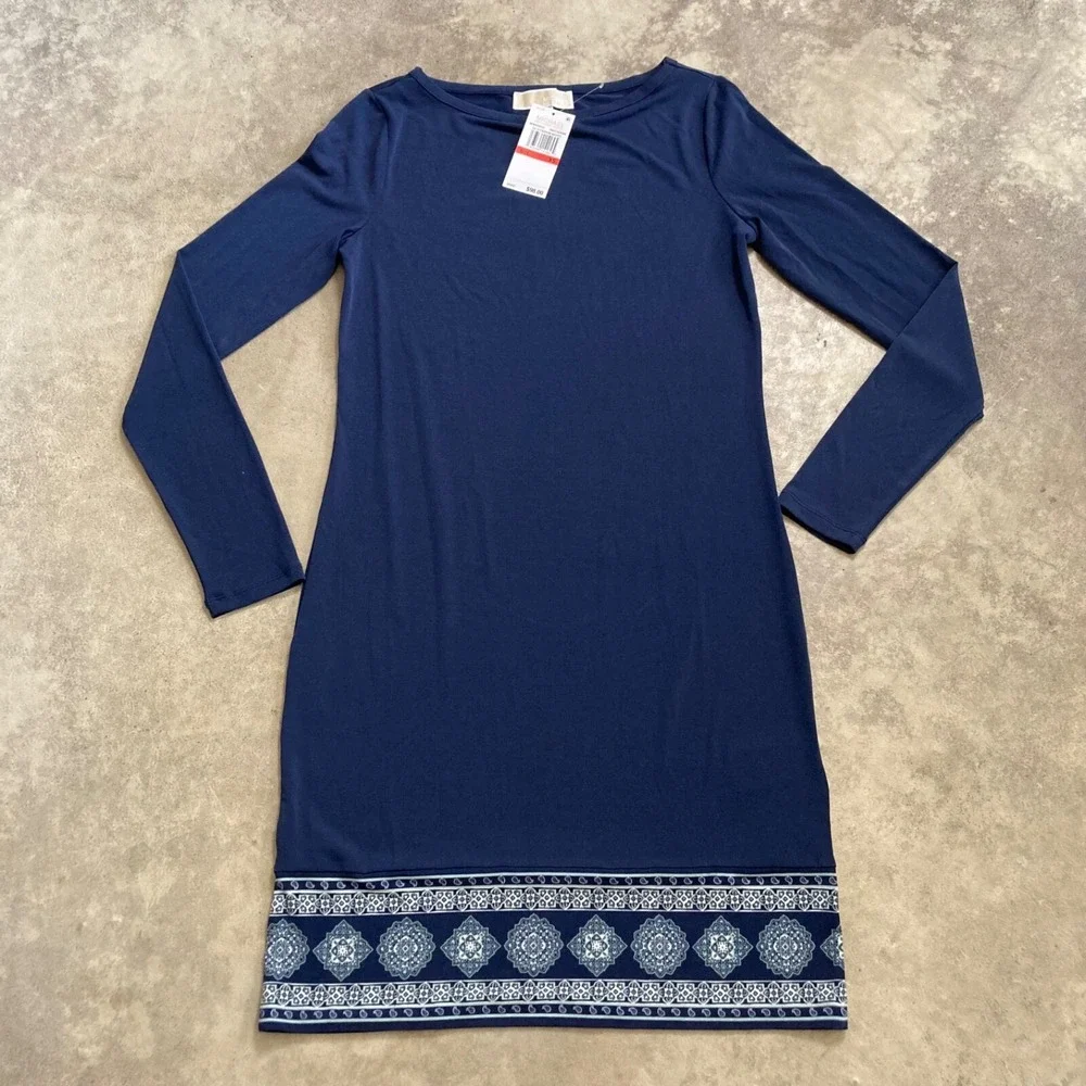 Michael Kors Dress Womens XS Long Sleeve Casablanca Border True Navy Sea Green
